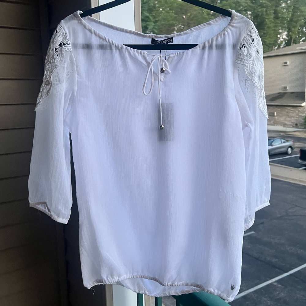 🆕Lady Dutch White Boho Blouse XS Crochet Lace Vacation Bohemian Cottagecore - Picture 3 of 17